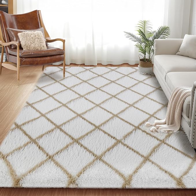 Fluffy Rug for Bedroom, Stripe Checkered Rug Anti-Skid High Pile for Living Room Bedroom Kids Room Nursery, Dorm Home Decor
