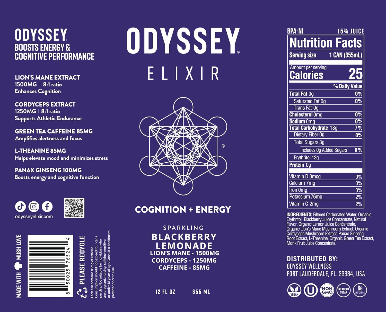 Odyssey Sparkling Energy Drink Blackberry Lemon 12-Pack