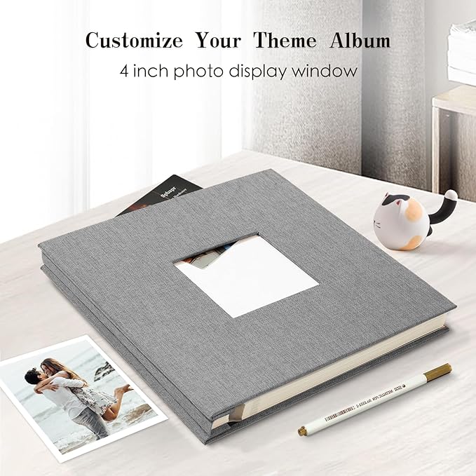 Spbapr Large Photo Album Self Adhesive 4x6 5x7 8x10 10x12 Pictures Magnetic Scrapbook 40 Blank Pages Linen Cover DIY Album with A Metal Pen, 13.2" X 12.8"