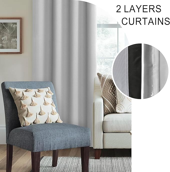 XWZO 100% Blackout Curtains - Heat and Full Light Blocking Drapes with Black Liner for Bedroom/Laundry Room, Rod Pocket Window Panels with Tiebacks, Light Grey, W60 x 84, Set of 2