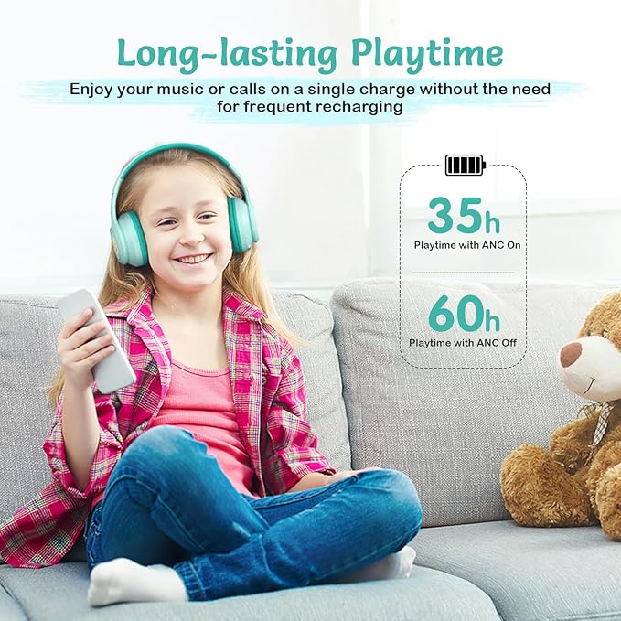 Active Noise Cancelling Kids Headphones, 60H Playtime, Wireless Bluetooth Over-Ear Headset, Built-in Microphone for Home/School/Travel/Party - Includes Portable Case