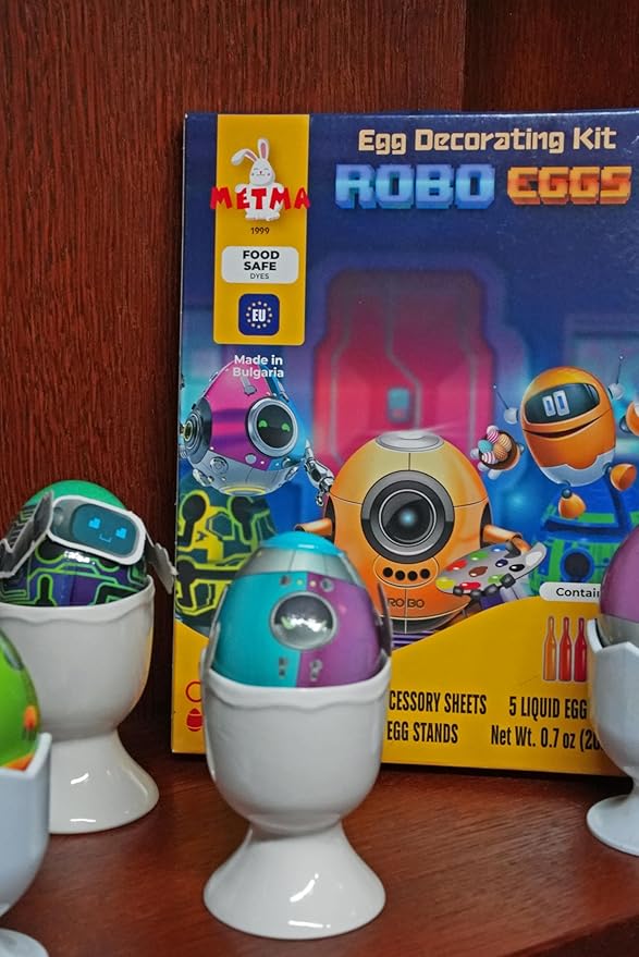 METMA 1999 Egg Decorating Kit ROBO - Complete Decorative Eggs Set with Liquid Dyes, Stickers, Egg Spinner, and More - Fun Easter Egg Dye Kit Arts and Crafts for Kids(ROBO Eggs)