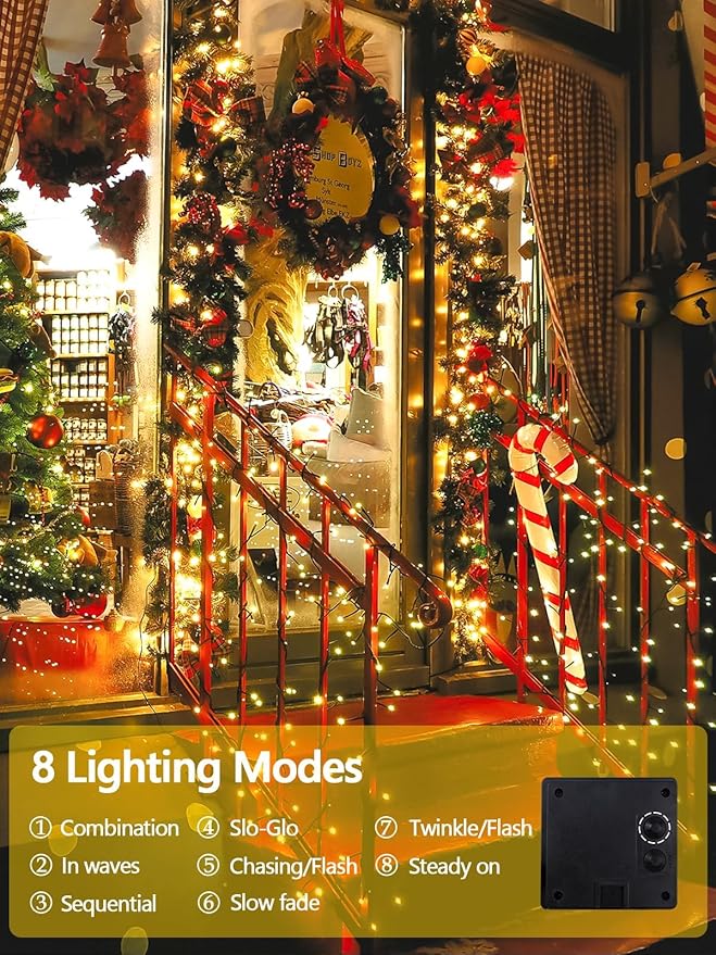 2 Pack Total 400 LED Solar Christmas Lights Outdoor, Solar String Lights for Outside with 8 Modes, Waterproof Green Wire Solar Powered Tree Light for Xmas Party Yard Garden Decorations (Warm White)