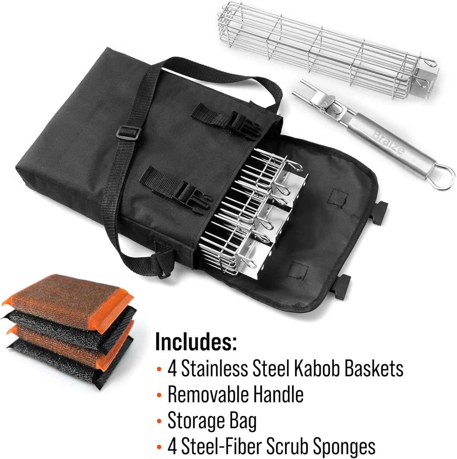 Kabob Grilling Basket Set of 4 with Removable Handle – Stainless Steel Baskets for Grilling Vegetables, Fish & Kabobs – Outdoor BBQ Accessories with Heavy-Duty Scrub Sponge