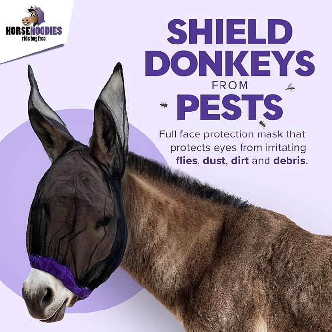 Donkey Fly Mask with Long Ears (Blue) Made in USA - Mule Fly Mask with Ears Protection from Insects and Bugs, Small Donkey Soft Mesh Fabric with Adjustable Fastener, Face Cover Supplies for Donkeys