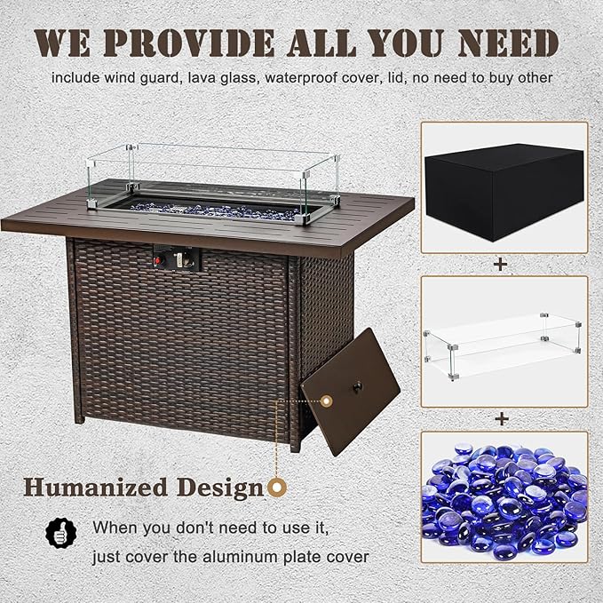 Propane Fire Pit Table,44 Inch 55000 BTU Outdoor Gas Fire Pit Rectangular with Glass Wind Guard for Outside Patio Deck (Brown-Aluminum Top)