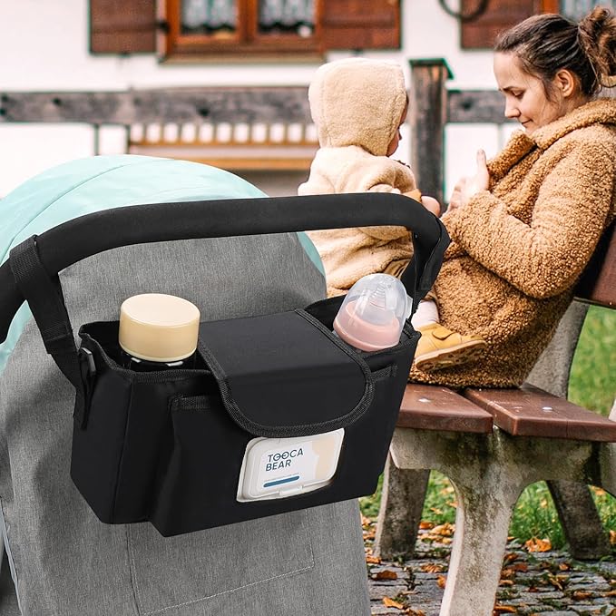 Accmor Universal Stroller Organizer with Insulated Cup Holder and Shoulder Strap, Stroller Caddy Bag Stroller Cup Holder Attachment for Uppababy, Baby Jogger, Britax Strollers, Black