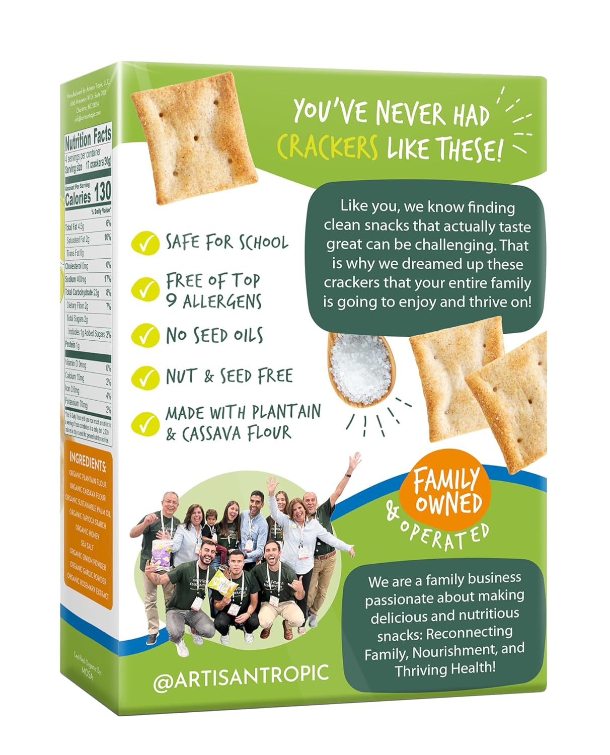 Artisan Tropic Organic Grain Free Sea Salt Crackers, 4.25 oz (Pack of 6) - Gluten Free Snacks