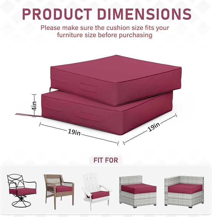 Patio Chair Cushions 19 X 19 X 4 Inch Waterproof Outdoor Seat Cushions for Patio Furniture, Outdoor Sofa Couch Pads with Ties & Handle, Set of 2, Fuchsiared