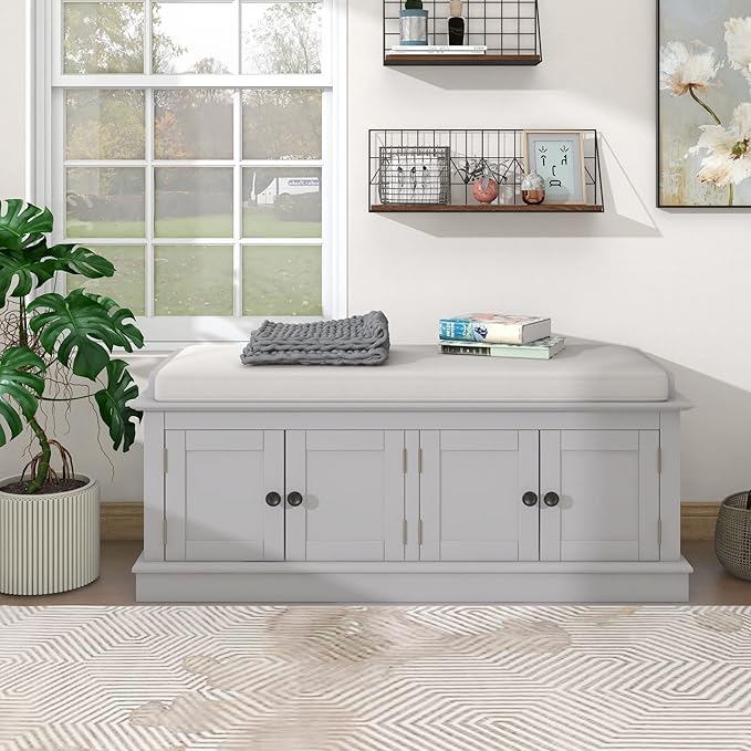 Storage Bench with 4 Doors and Adjustable Shelves, Shoe Bench with Removable Cushion for Living Room, Entryway 42.7" L x 16" W x 17.4" H (Gray Wash)