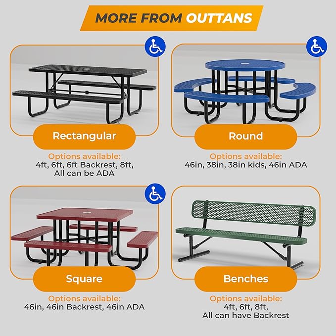 Metal Picnic Tables for Outdoors with Umbrella Hole - Coated Steel Heavy Duty Commercial Grade Table with Adjustable Seats (Red, 38 in, Round, Expanded Steel)