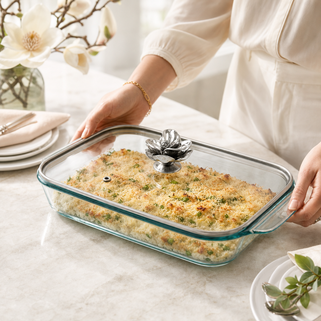 Magnolia Lid with Pyrex 3 quart Baking Dish