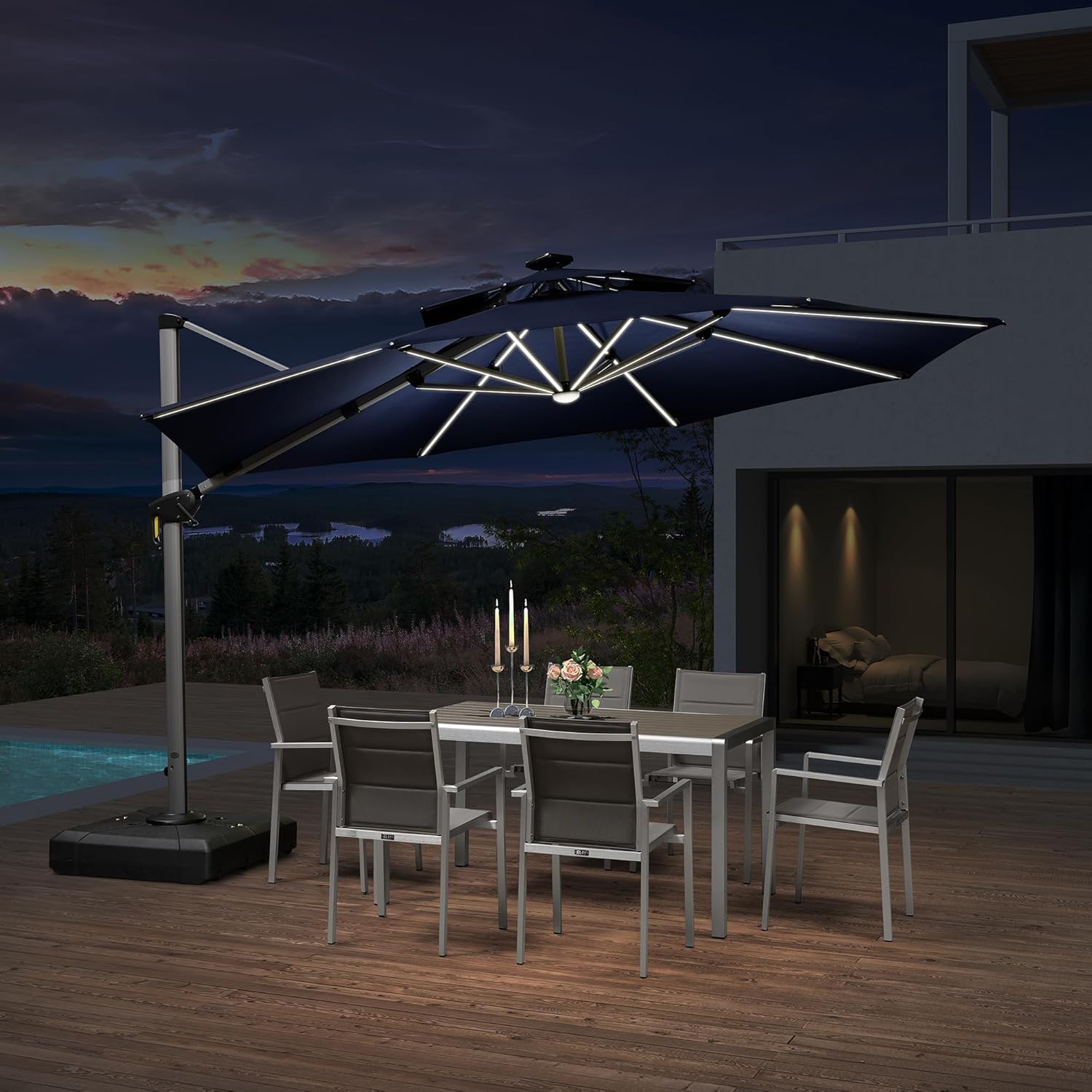 PURPLE LEAF 12ft Solar powered LED Patio Umbrella Outdoor Round Umbrella Large Cantilever Umbrellas with LED lights Windproof Offset Umbrellas Sun Umbrella for Garden Deck Pool Patio, Navy Blue