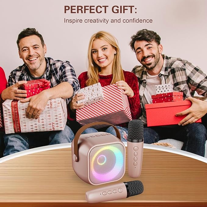 Mini Karaoke Machine, Portable Bluetooth Karaoke Speaker with 2 Wireless Microphones and Party Lights for Kids and Adults, Birthday Gifts for Girls Boys Family Home Party (Rose Gold)