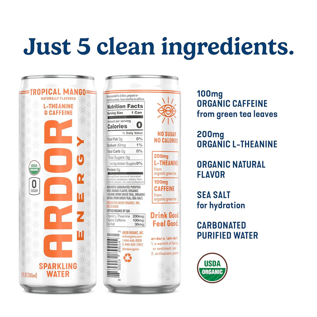 Ardor Organic Sparkling Water, Mango, 12 fl oz, Pack of 12