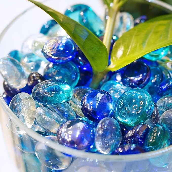 2LB Blue Mix Flat Glass Marbles for Vases, Mancala Stones Gemstone Beads Vase Filler Decorative Glass Pebbles for Fish Tank, DIY Crafts, Aquarium Decor Rocks