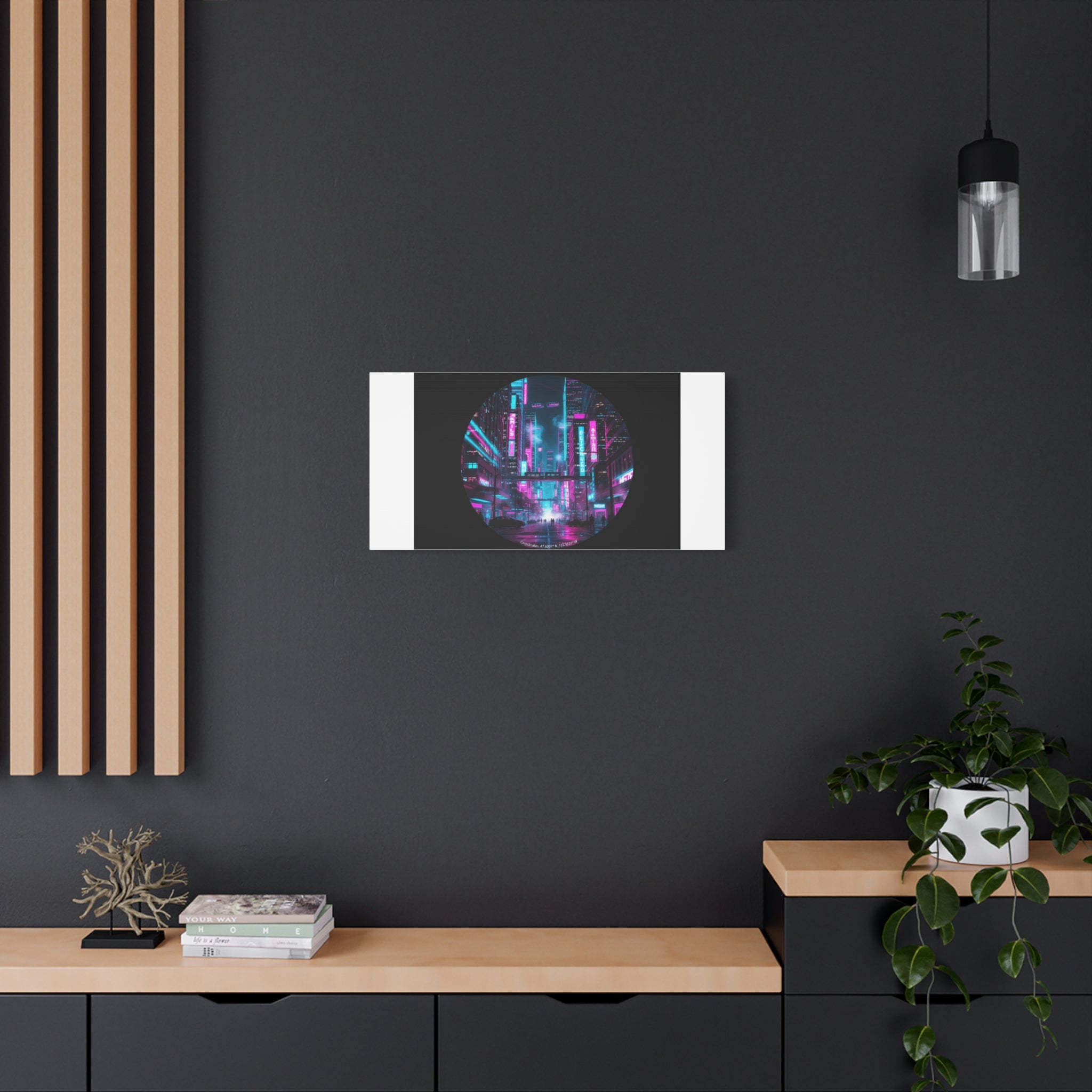 Neon Cyberpunk Cityscape Canvas | synthwave skyline, future city art