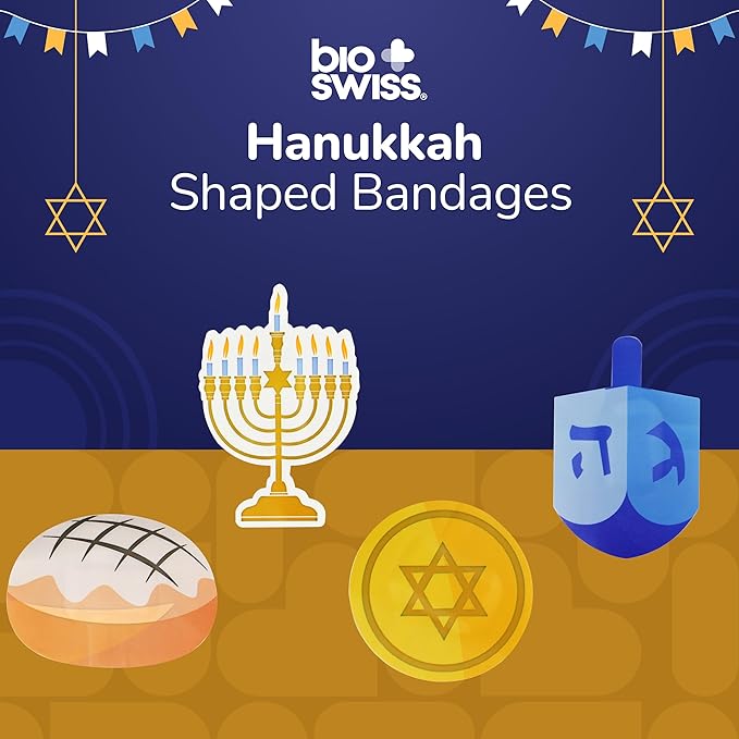 BioSwiss Bandages, Hanukkah Shaped Self Adhesive Bandage, Latex Free Wound Care, Fun First Aid Kit Supplies for Kids and Adults, 24 Count