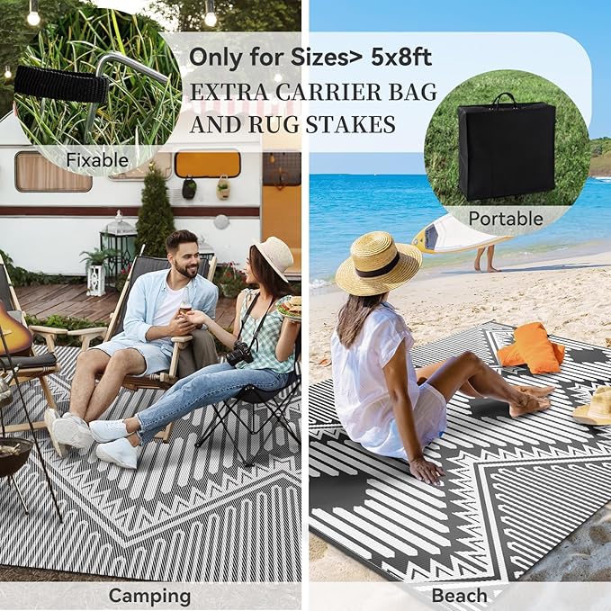 MontVoo Outdoor Rug-Waterproof Camping Rug Patio Rug Mat 6x9 Reversible Plastic Straw Outside Outdoor Rug for RV Camping Picnic Beach Balcony Backyard Pool Deck Porch Modern Boho Grey