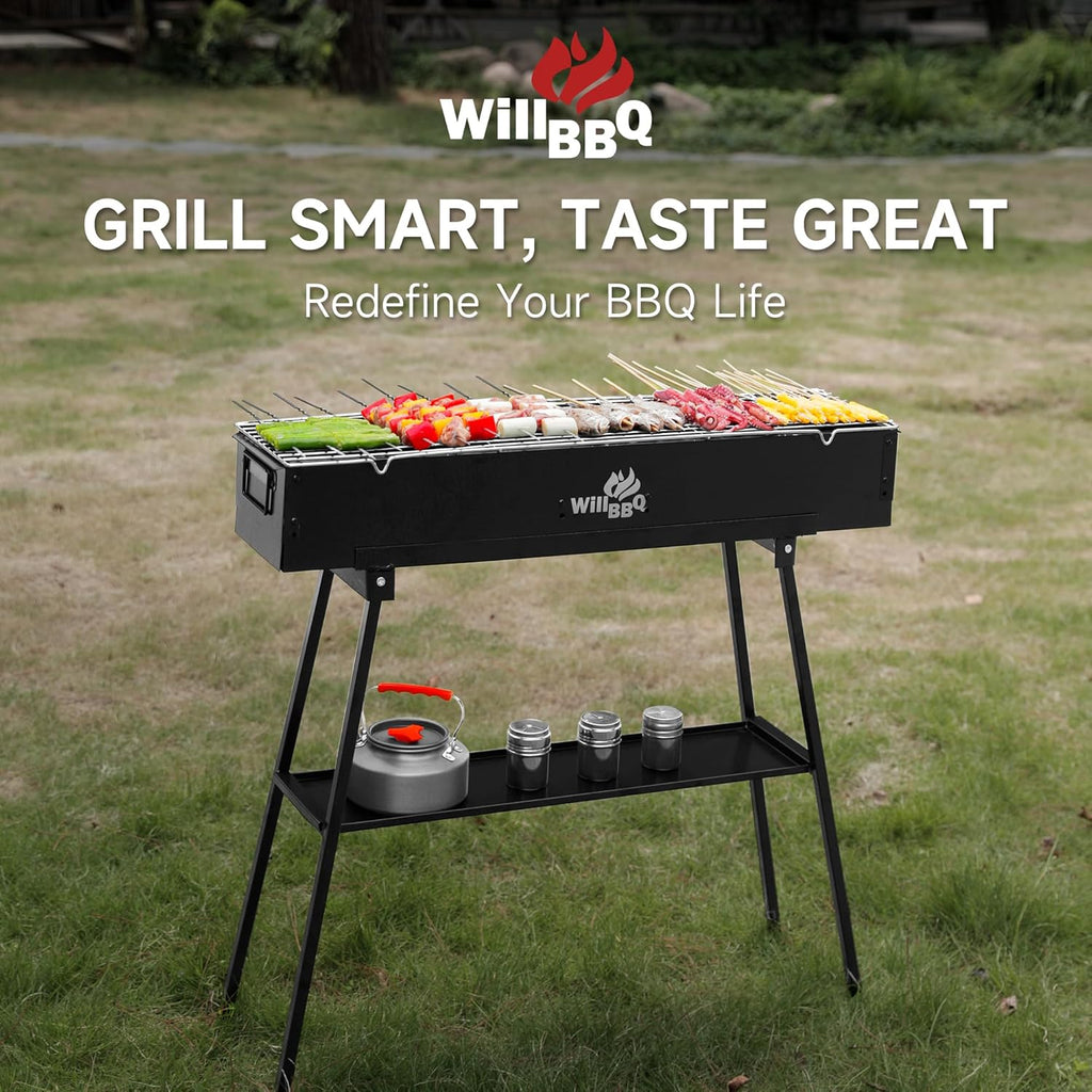 Charcoal Grills Commercial Quality Portable Multiple Size Hibachi BBQ Lamb Skewer Folded Camping Barbecue Grill for Backyard Party Picnic Use(31.6x7.1x5.1 inch With Accessories),BLACK