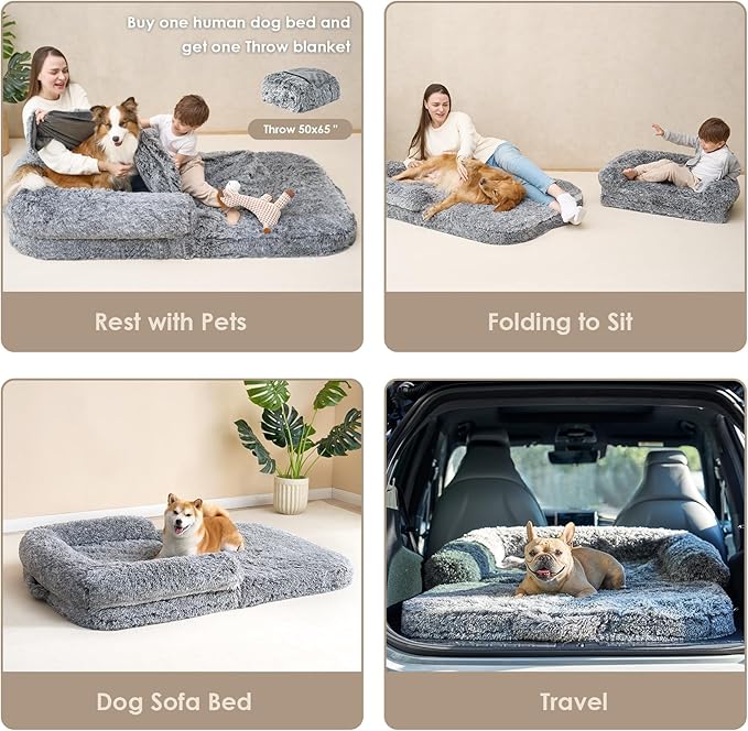 EHEYCIGA Foldable Dog Bed, Faux Fur Fluffy Dog Couch Bed, Orthopedic Calming Memory Foam Pet Bed for Small Dogs, Washable Soft Warm Pet Sofa Bed with Non-Slip Bottom, Grey, 40"x30"x6"