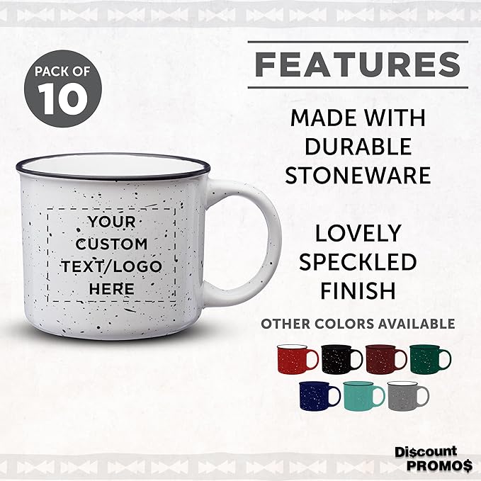 DISCOUNT PROMOS Custom Ceramic Campfire Coffee Mugs 13 oz. Set of 10, Personalized Bulk Pack - Perfect for Tea, Espresso, Cappuccino, Hot Cocoa - White