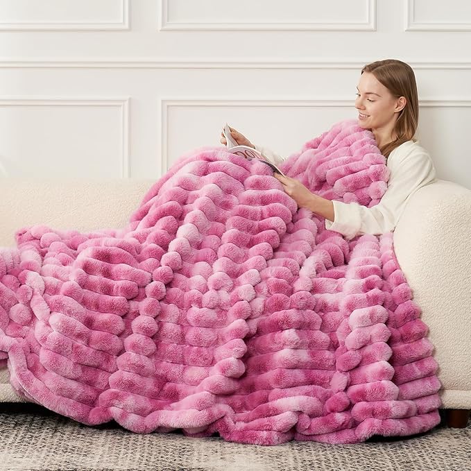 Cozy Bliss Faux Fur Throw Blanket for Couch, Cozy Warm Plush Striped Blanket for Sofa Bedroom Living Room,60 * 80 Inches Tie-dye Pink