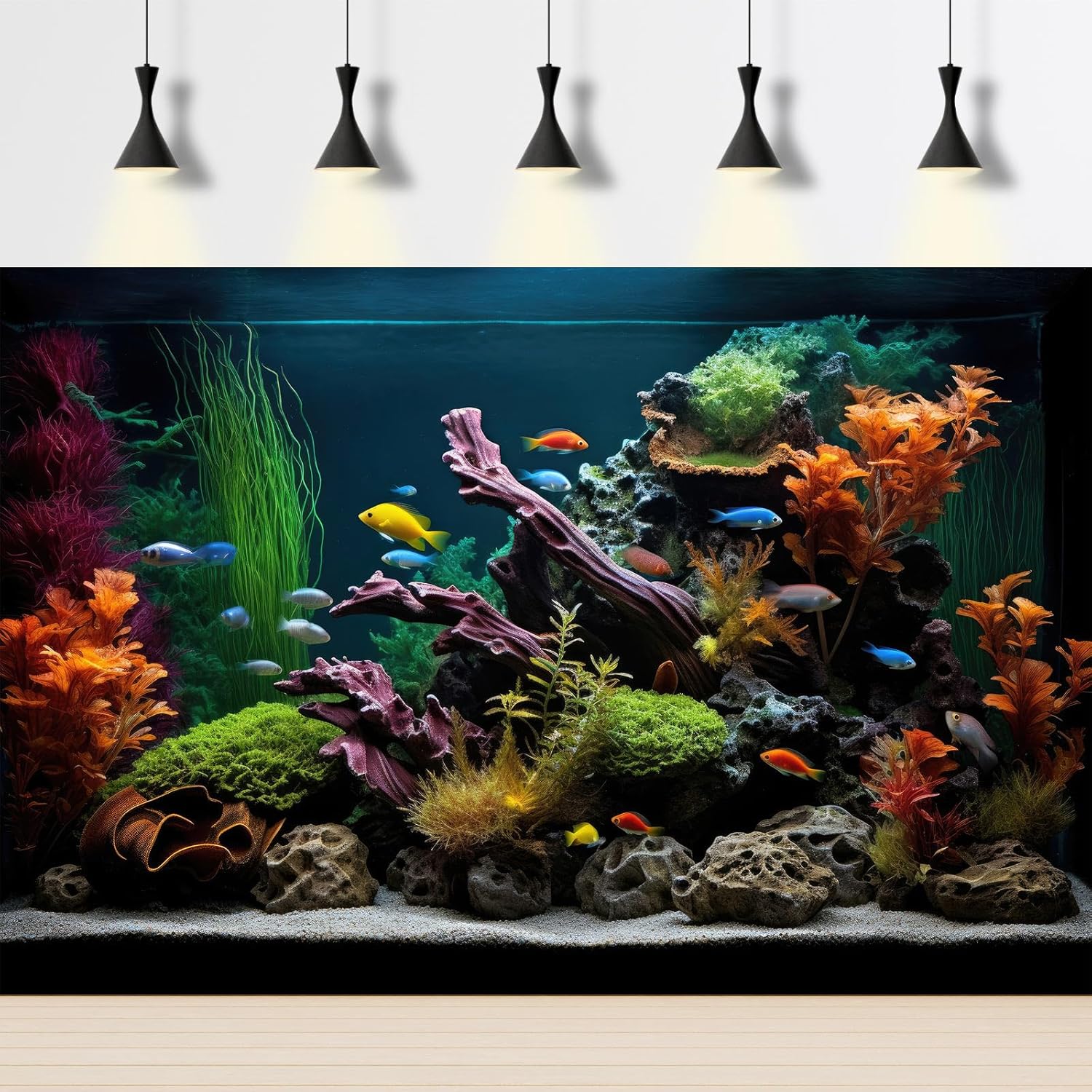 Aquarium Background Lush Aquatic Colorful Plants Terrarium Background Redwood Root Coral Reef Jungle Style Fish Tank Background Amazing Underwater View Aquarium Backdrop Wallpaper Poster Vinyl 72x24in