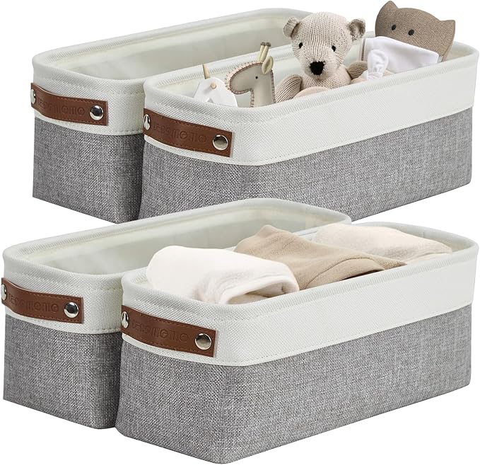 DECOMOMO Narrow Storage Bins Small Baskets for Organizing Bathroom, Toilet Tank, Towel Storage, Entryway, Gifts (Grey and White - Set of 4)