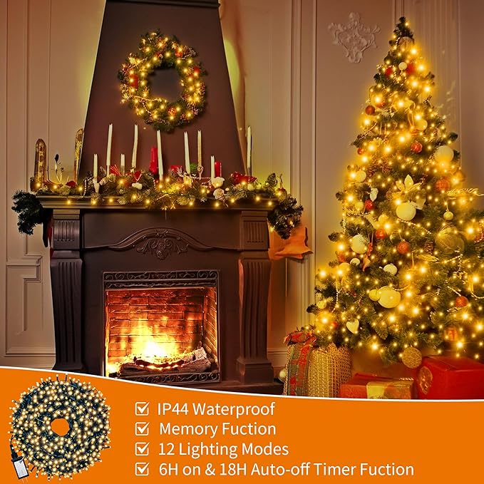 Christmas Light 100 LEDs 41ft Green Cable Wire Fairy String Twinkle Lights Plug in 12 Modes for Xmas Tree, Party, Indoor,Outdoor, Garden, Wedding, Home Decoration (Warm White)