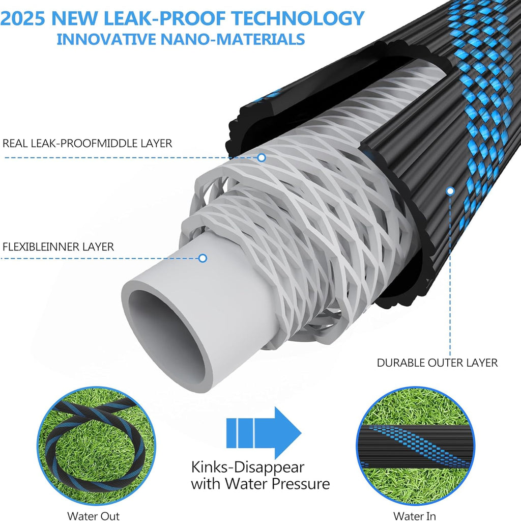 100ft Garden Hose - Water Hoses w/10 Function Spray Nozzle, 2025 New Superior Strength Flexible Hose, 3/4" Brass Connectors- Leakproof Lightweight Water Pipe for Gardening(Blue Black)