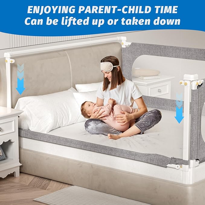 3-Piece Queen Size Bed Rails for Toddlers, with Headboard Rod -Height Adjustable Baby' Safety Bed Rails Guard for Queen Size Bed(3Pack 78.7"x78.7"x59"-Gray)