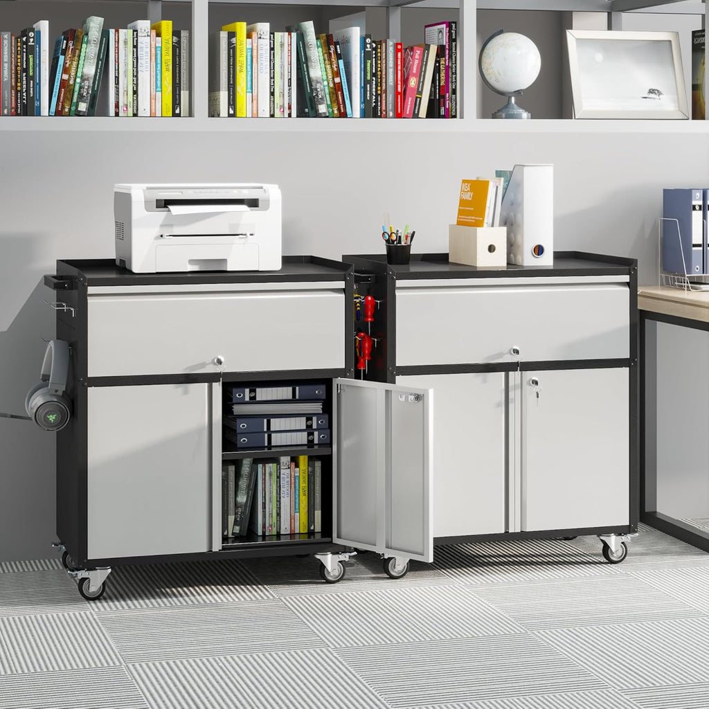 Metal Storage Cabinet on Wheels with 1 Drawer, Rolling Steel Garage Tools Cabinet with Side Pegboard &4 Hooks & 1 Adjustable Shelf for Garage,Shop,Home,Gray/Black, Assembly Required
