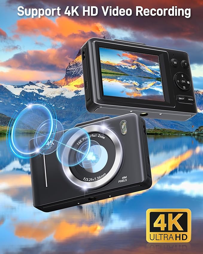 Digital Camera, FHD 1080P Kids Camera Digital with 16x Zoom Anti Shake, 32GB Card, 4K 48MP Portable Compact Point and Shoot Cameras, Vintage Small Camera for Teens Beginner Kids Present