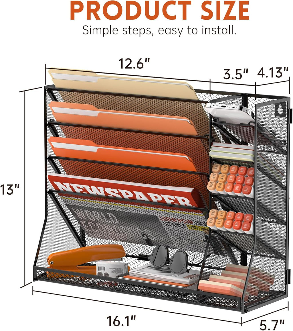 SUPEASY Wall File Organizer, 5-Tier Desk Organizer with 4 Pen Holders, Wall Organizer for Office with R-shaped Bottom Tray, Desk Organizers and Accessories for Office Supplies, Black