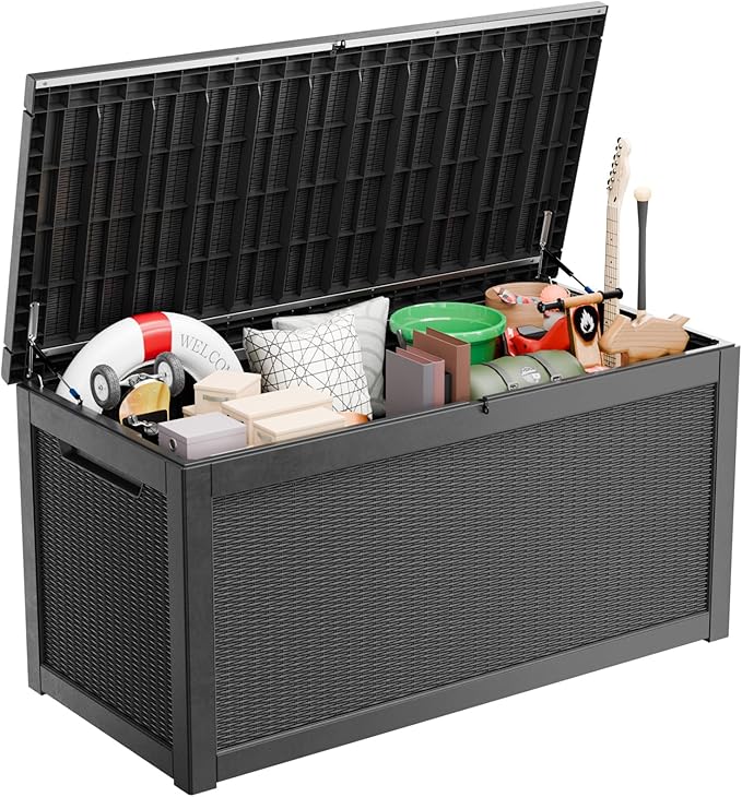 260 Gallon Waterproof Outdoor Storage Box,Large Resin Deck Box,Lockable Outside Storage Box Container for Patio Furniure,Garden,Tools (260 Gallon,Black)