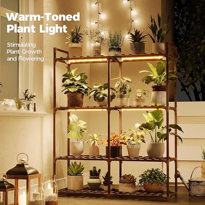 Bamworld Plant Stand with Grow Lights for Indoor Plants Wood Plant Shelf 4 Tier Large Flower Stand for Mutiple Plant Holder Rack for Patio Living Room Balcony