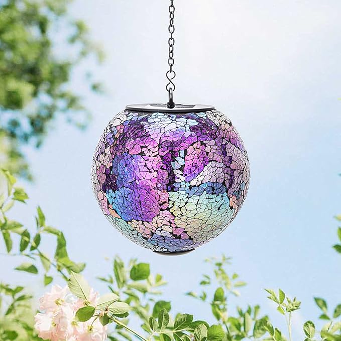 VCUTEKA Solar Lanterns Outdoor Waterproof - Hanging Solar Lights Garden LED Lanterns Mosaic Crack Glass Design for Landscape Patio Yard Garden Pathway Decoration