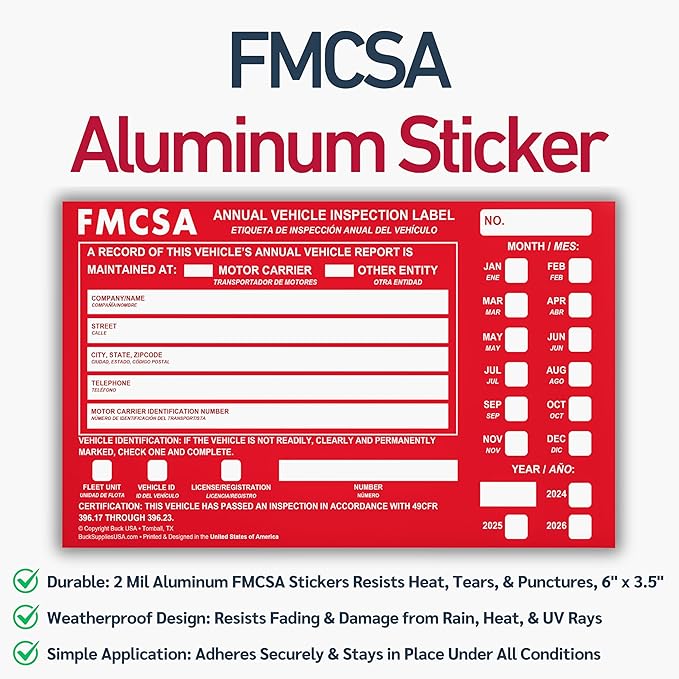 10 Pack 3-Ply Carbonless Annual Vehicle Inspection Report Forms with FMCSA Red Aluminum Adhesive Labels, DOT Inspection Forms and Stickers, Shrink-Wrapped, 8.5" x 11.75" - Made in USA
