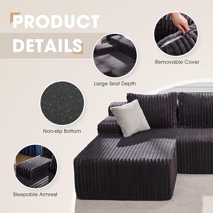 Hobestluk 96“ Modular Sectional Sofa Couches L-Shape Couch 3 Seat Modular Sofa Memory Foam Sectional Couches for Living Room, Cloud Couch with Oversized Chaise (Grey, Stripe (Left Facing Chaise))