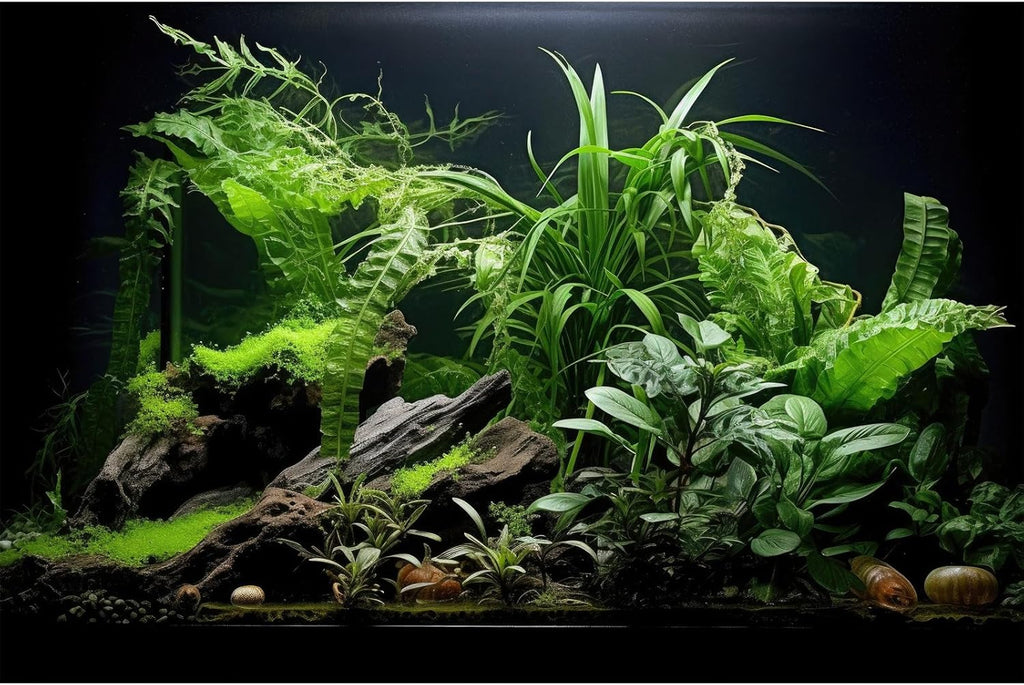 Aquarium Background Freshwater Green Plants Terrarium Background Aquatic Underwater Sea Grass Tank Background Wood Root Rock with Moss Jungle Style Fish Tank Background Poster Wallpaper 36x20in