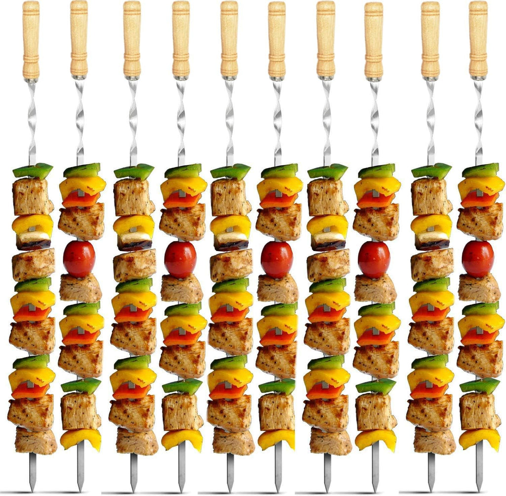 Antallcky 12 Pack Kebab Skewers 22 Inch BBQ Barbecue Skewers Stainless Steel Sticks Heavy Duty Large Wide Reusable with Nonslip Wooden Handle Ideal for Shish Kabob Chicken Shrimp and Vegetables