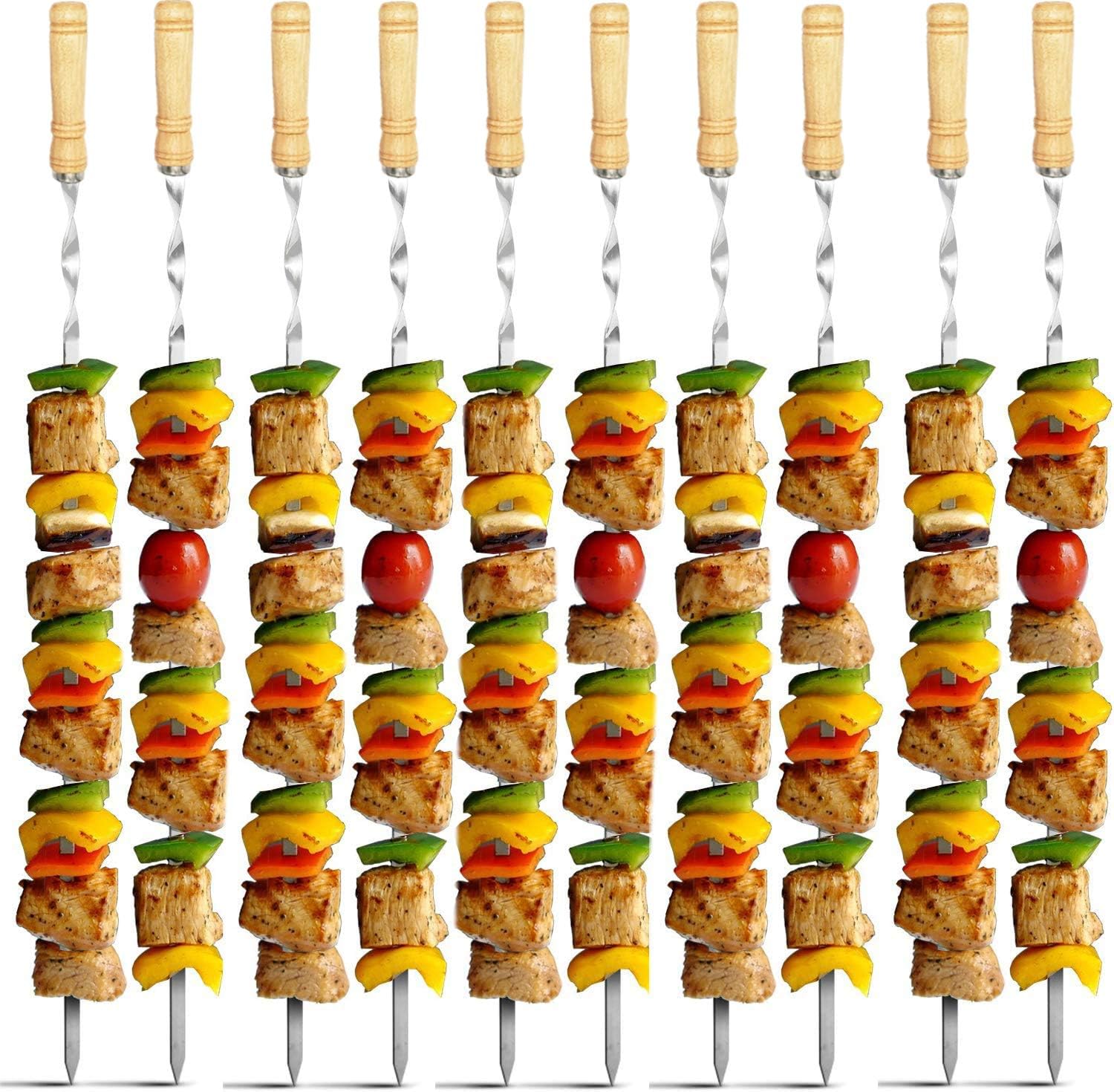 12 Pack Kabob Skewers BBQ Barbecue Skewers Stainless Steel Sticks 22 Inch Heavy Duty Large Wide Reusable with Nonslip Wooden Handle Ideal for Shish Kebab Chicken Shrimp and Vegetables