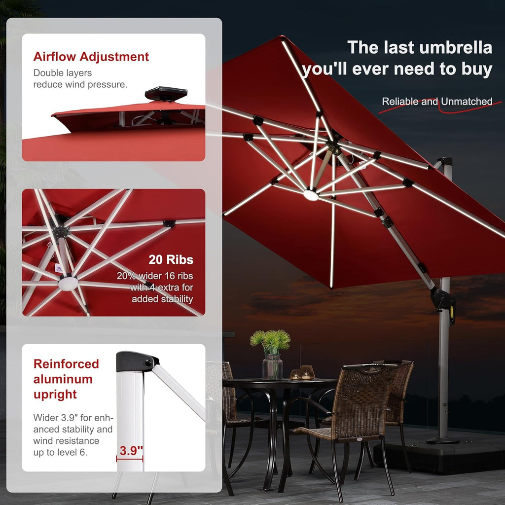 PURPLE LEAF 11 Feet Double Top Deluxe Solar Powered LED Square Patio Umbrella Offset Hanging Umbrella Outdoor Market Umbrella Garden Umbrella, Terra