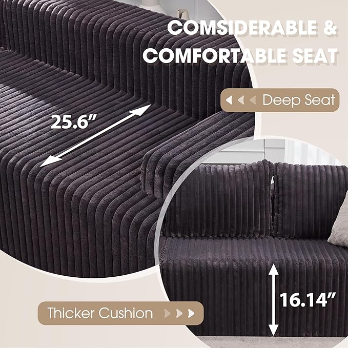 Hobestluk 96“ Modular Sectional Sofa Couches L-Shape Couch 3 Seat Modular Sofa Memory Foam Sectional Couches for Living Room, Cloud Couch with Oversized Chaise (Grey, Stripe (Left Facing Chaise))