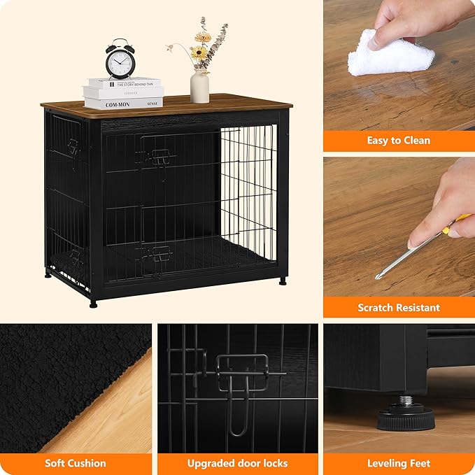DWANTON Dog Crate Furniture with Cushion, Wooden Kennel Table with Double Doors, Indoor Dog House, Medium Size, 32.5" L, Black+Warm Brown