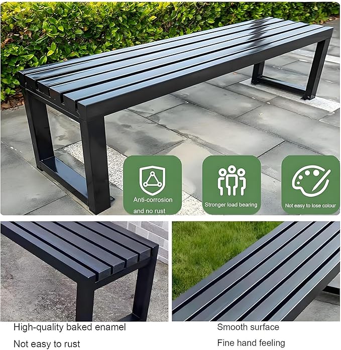 Weatherproof Metal Dining Bench, Outdoor Bench Backless Patio Bench 2-Person Farmhouse Bench Garden Bench for Kitchen, Living Room, Entryway(Black,40in)