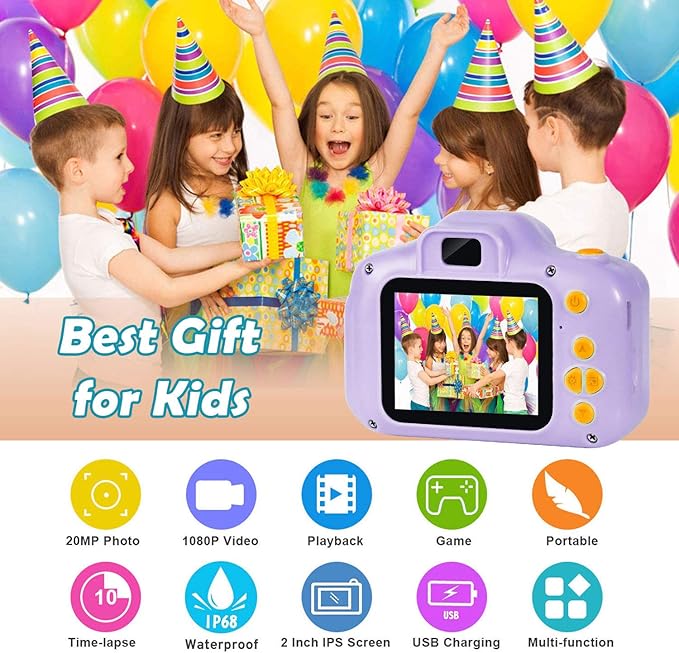 Agoigo Kids Waterproof Camera - Children Underwater HD Video Digital Camcorder, Portable Travel Toy for Toddler - Ideal Christmas Birthday Gifts for Boys Girls Age 3-12 with 32GB Card (Purple)