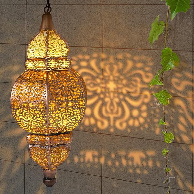 2 Pack Hanging Solar Lights, Outdoor Decor Solar Lantern, Waterproof Metal Moroccan Lantern for Outside Patio Pathway Yard Front Porch Backyard Garden Decorative