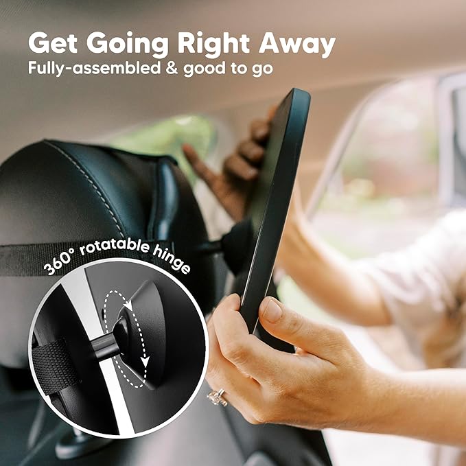 Large Shatterproof Baby Car Mirror, Backseat - Safety Car Seat Mirror for Baby Rear Facing, 360 Wide Crystal Clear View, Accessories for Removable Headrest, Easy Install & Adjustable (Sleek Black)